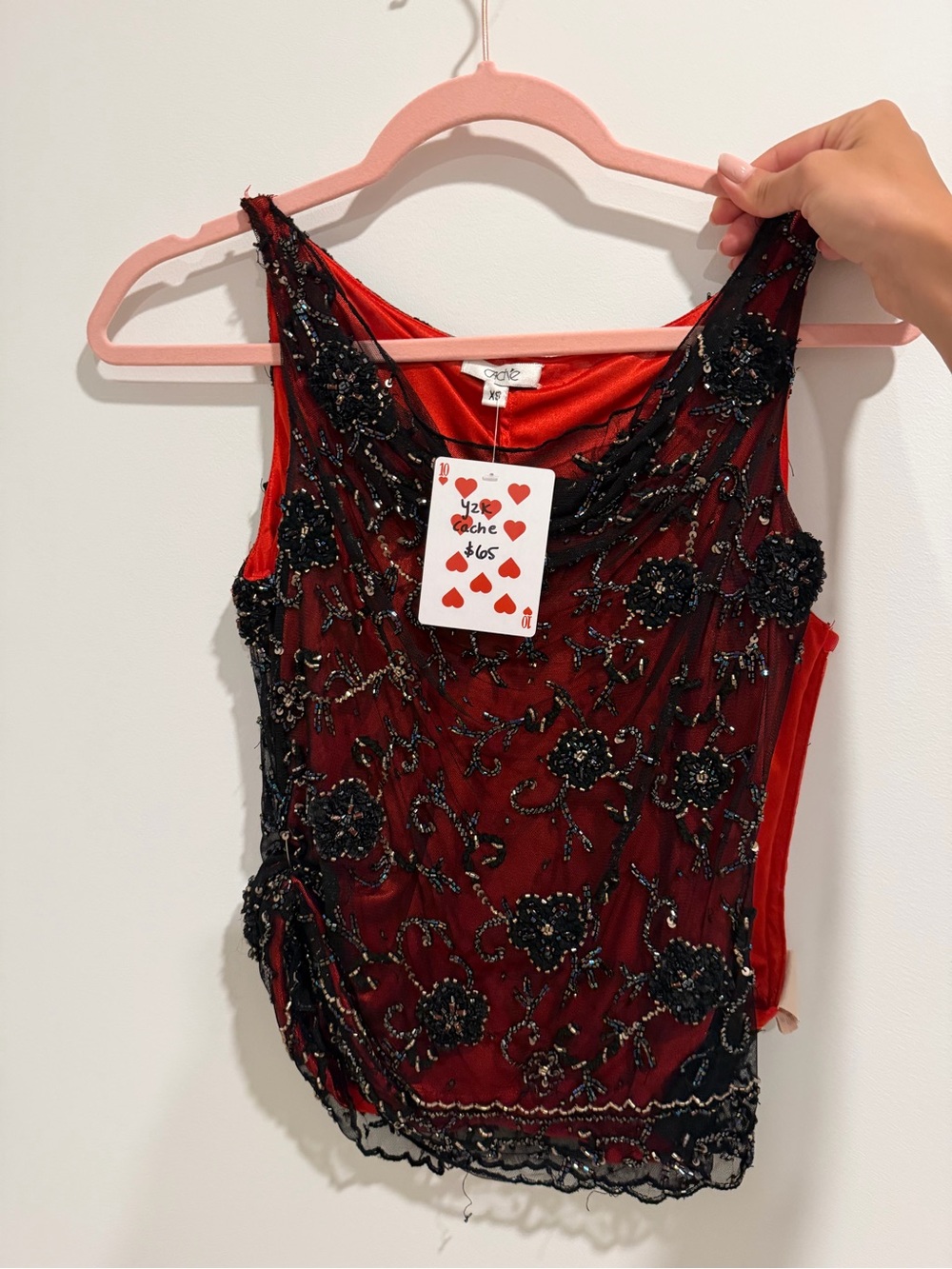 VINTAGE Cache Red Beaded Floral Sleeveless Camisole